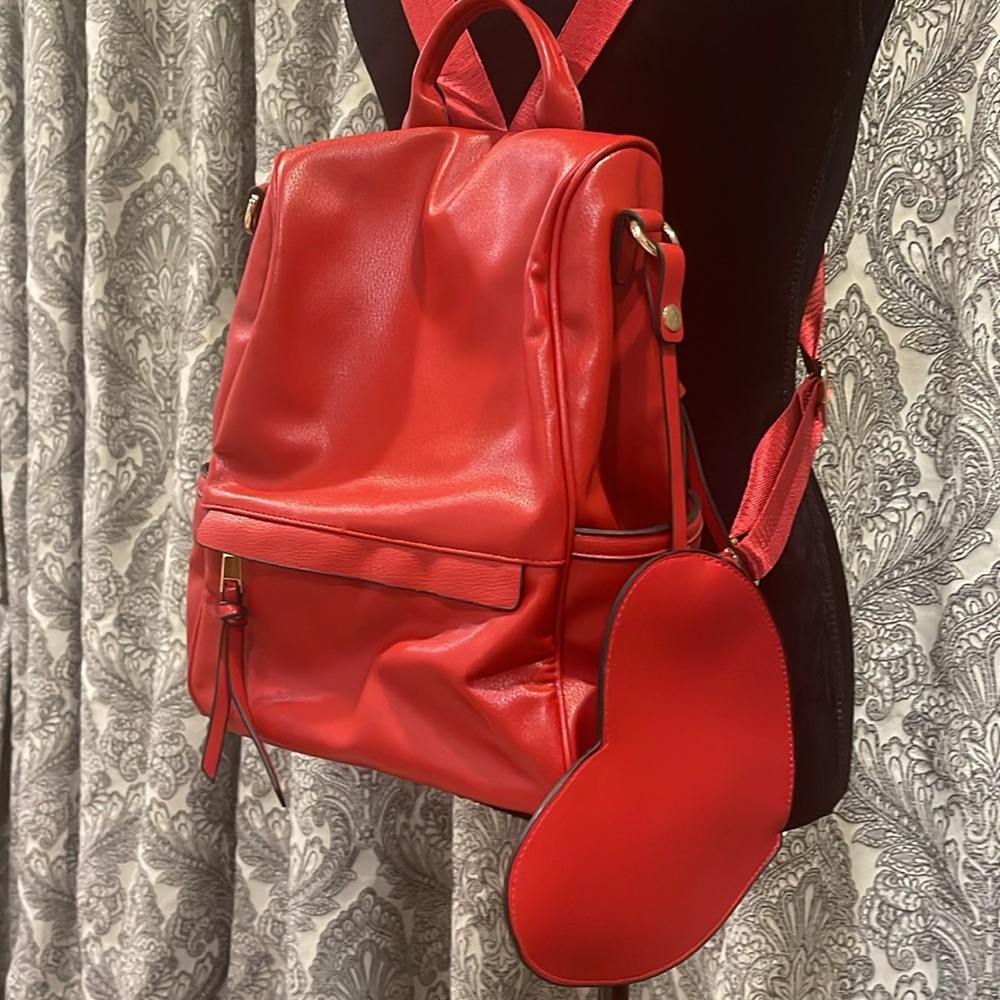 BRIGHT RED back pack with HEART POUCH